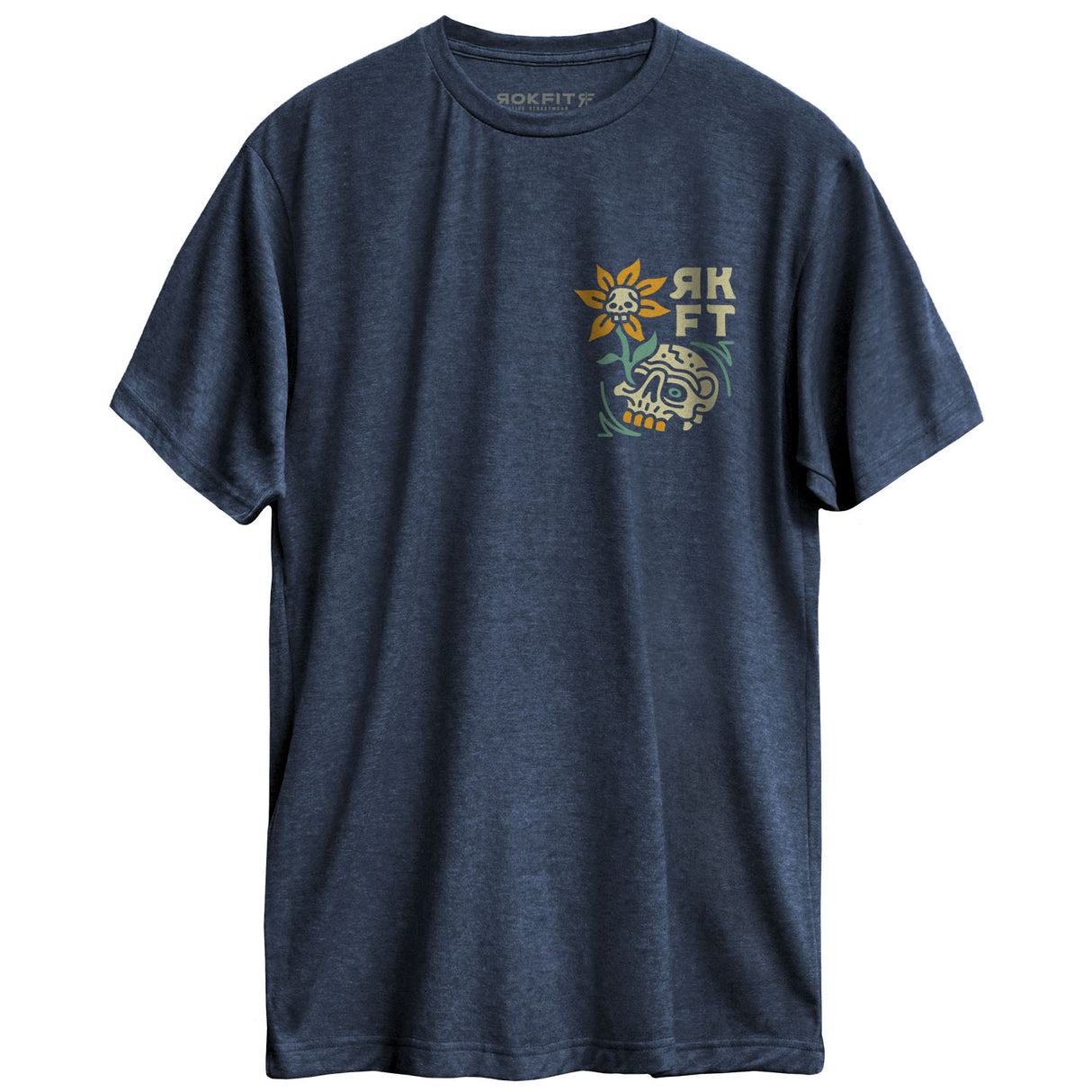 Front view of heather navy unisex Active Tee with 'Live Long, Be Strong' graphic