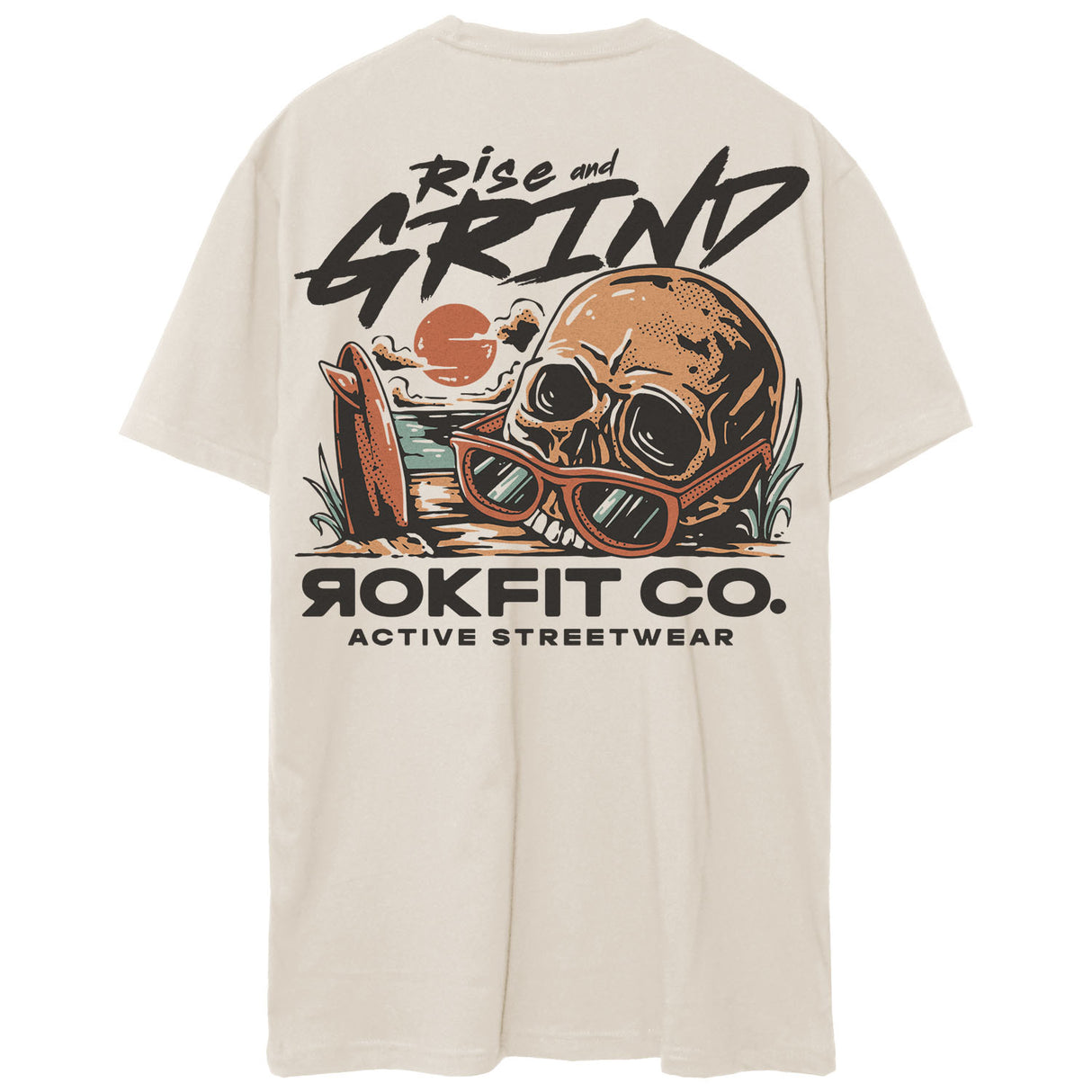 Back view of unisex heather sand Active Tee with 'Rise and Grind' graphic