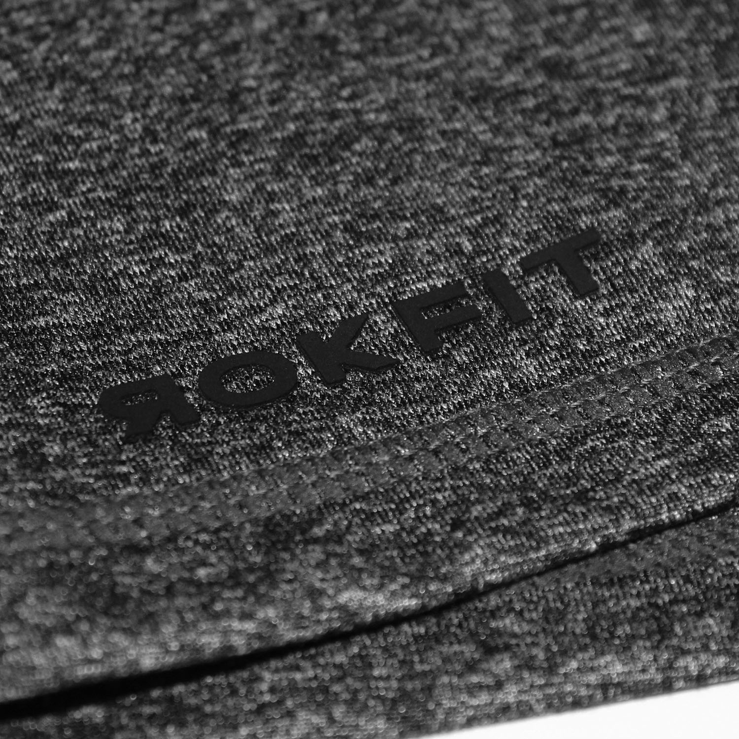 Front view of heather black 2.5-inch booty shorts RokFit logo