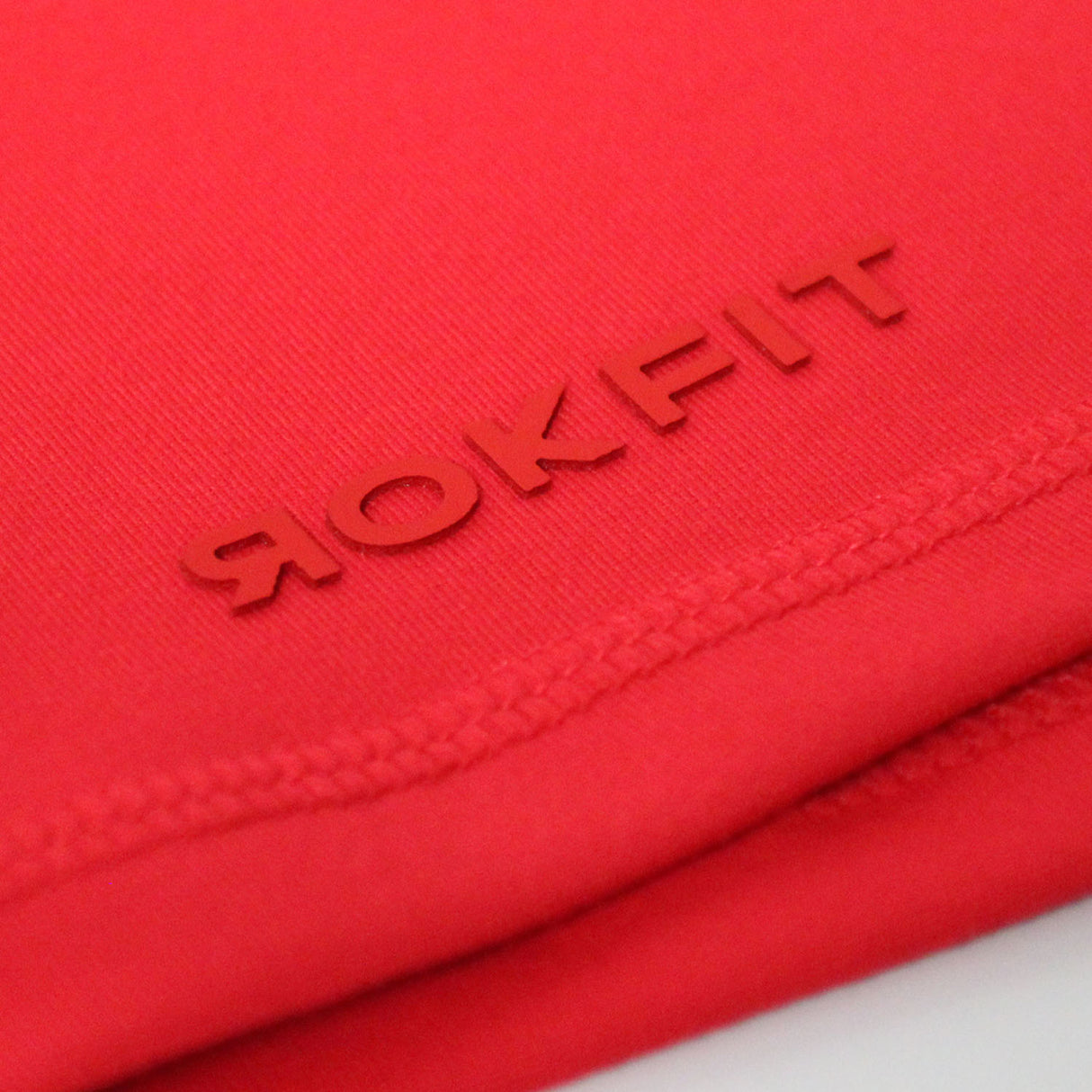 Front view of red 2.5-inch booty shorts RokFit logo