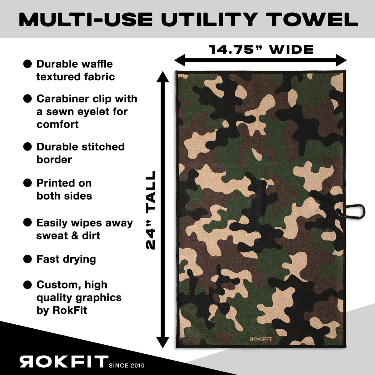 Utility Towel details showing 14.75-inches wide by 24-inches tall with 'Camo' graphic