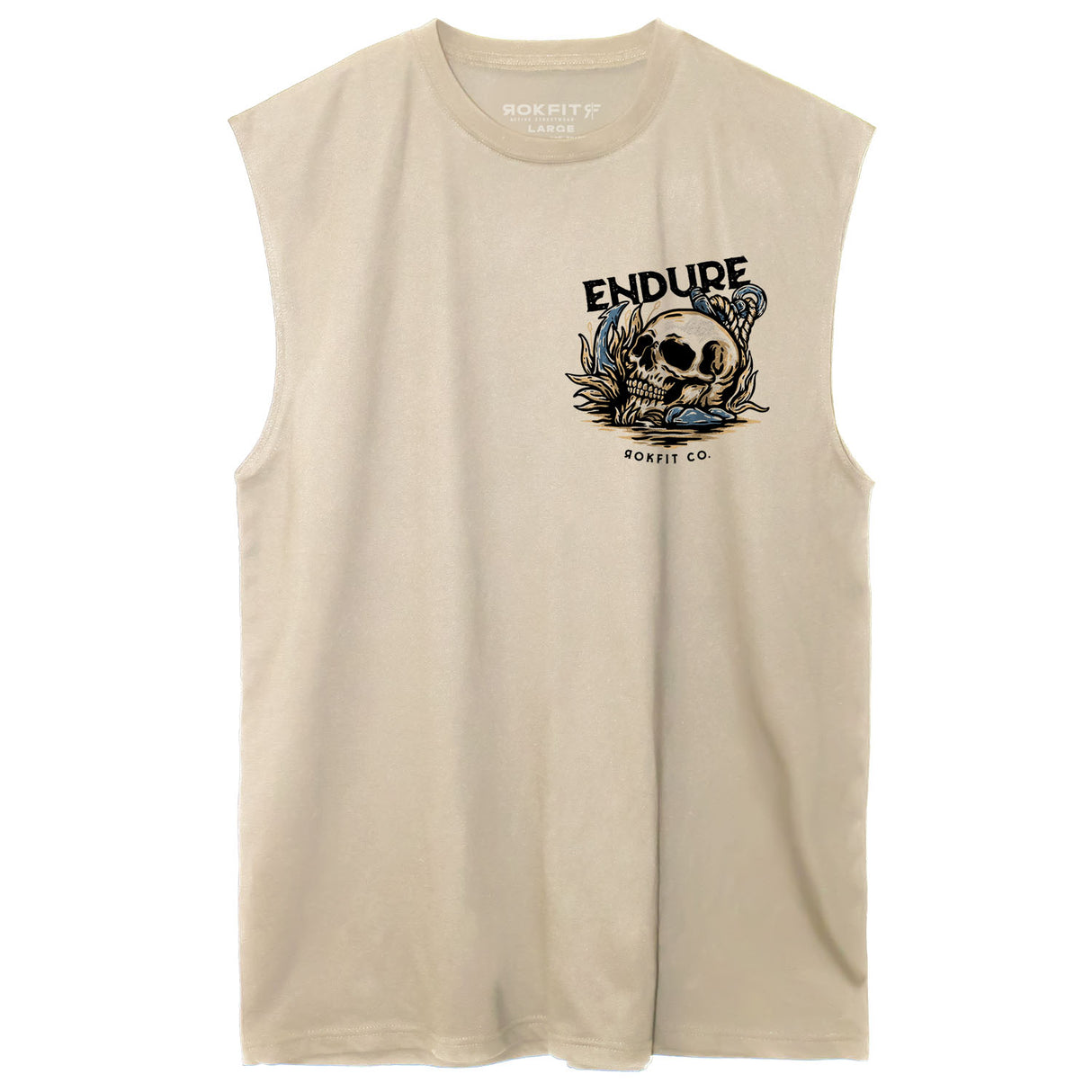 Front view of unisex cream sleeveless Active Tee with 'Endure' graphic
