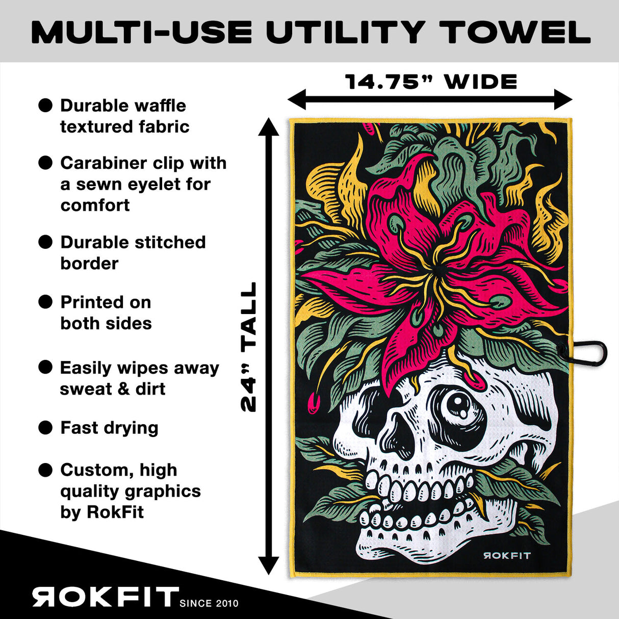 Utility Towel details showing 14.75-inches wide by 24-inches tall with 'Eternal Bloom' graphic