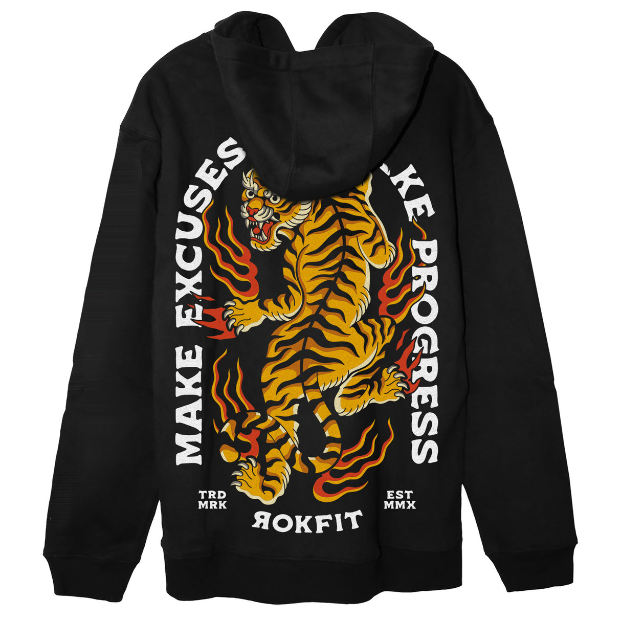 Back view of black unisex hoody with 'Make Excuses or Make Progress' graphic