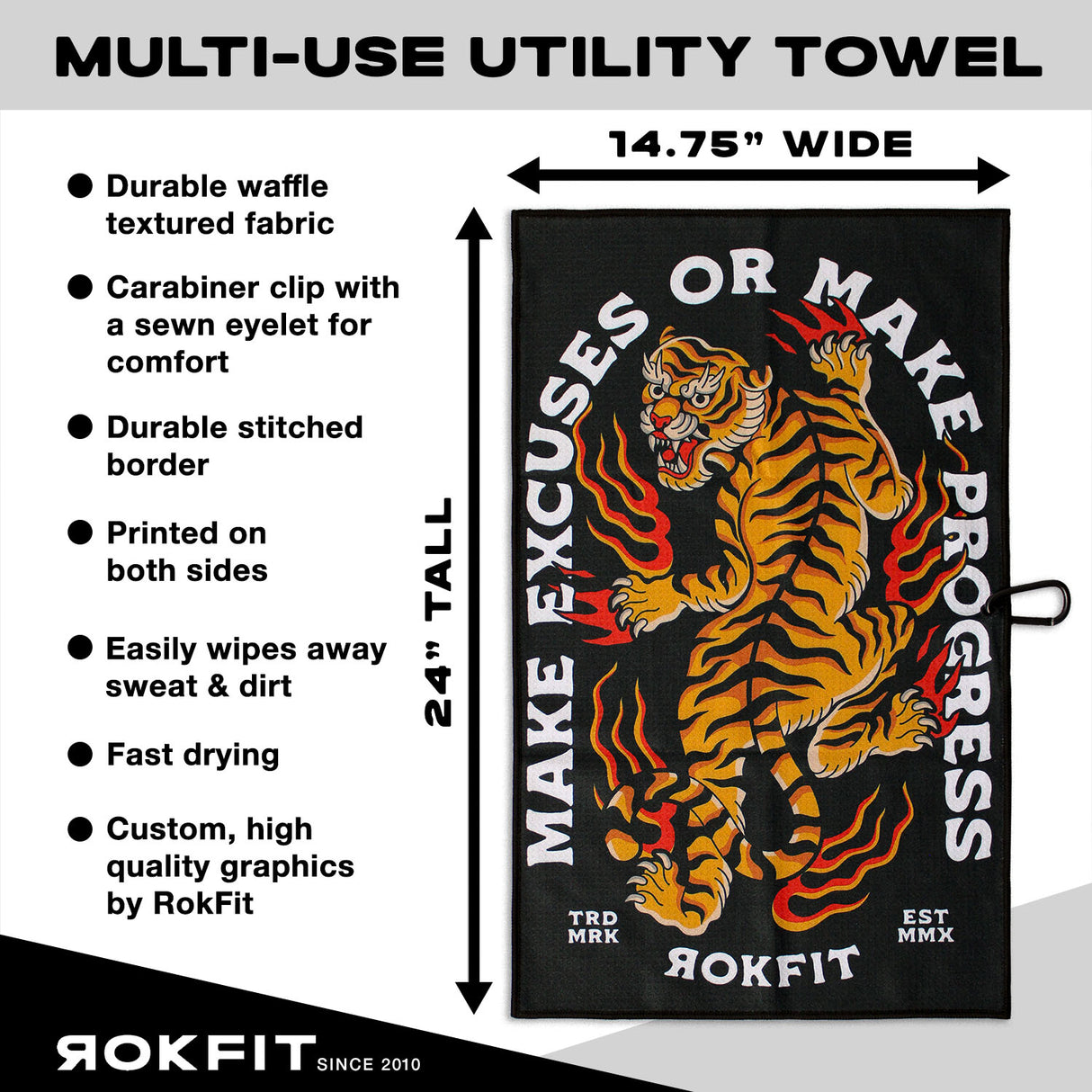 Utility Towel details showing 14.75-inches wide by 24-inches tall with 'Make Excuses or Make Progress' graphic