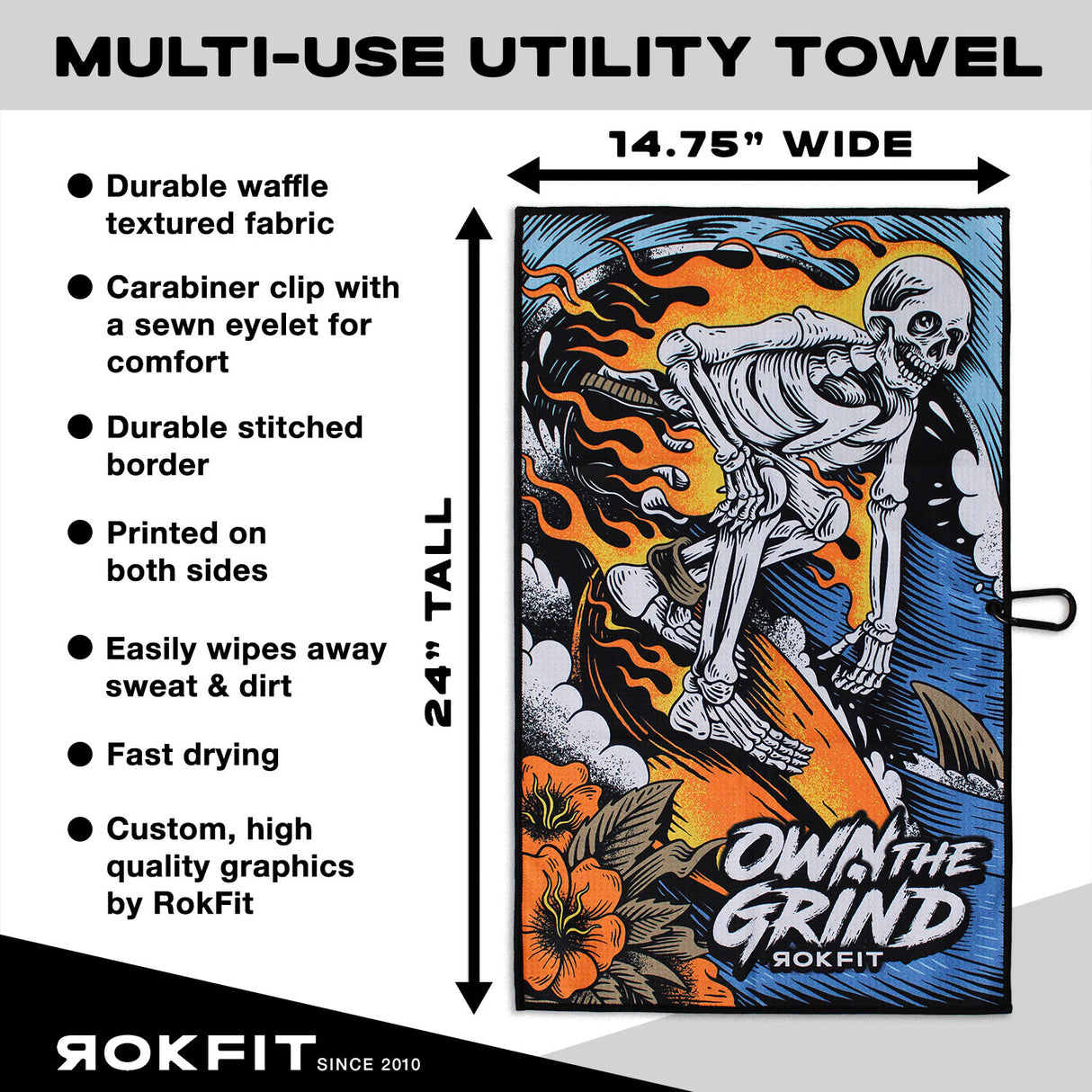 Utility Towel details showing 14.75-inches wide by 24-inches tall with 'Own The Grind' graphic