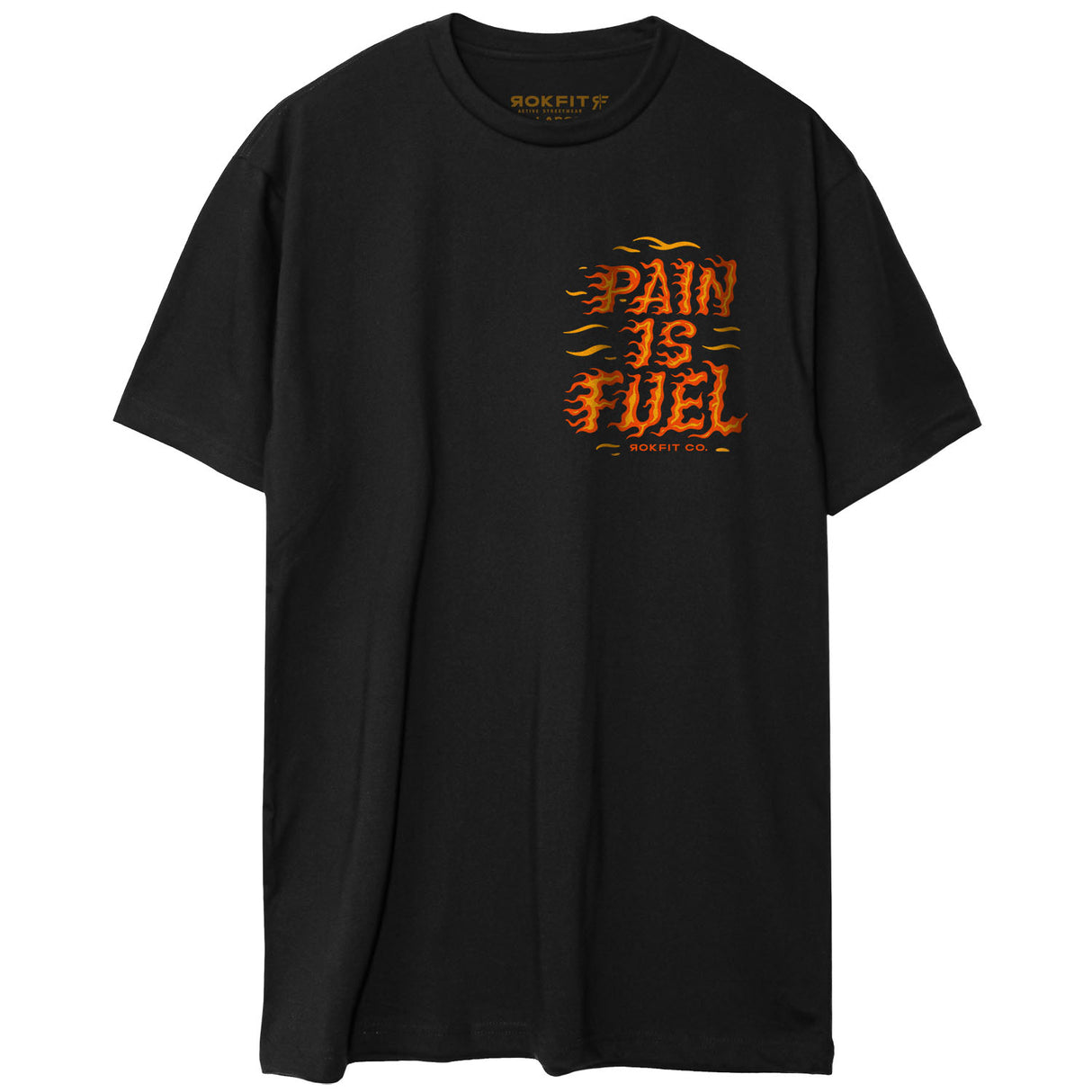 Front view of unisex black Active Tee with 'Pain Is Fuel' graphic