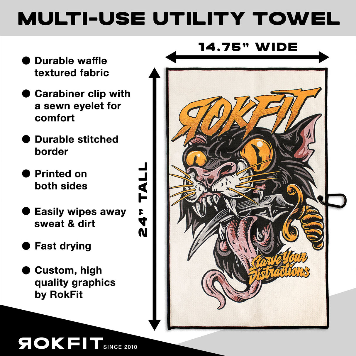Utility Towel details showing 14.75-inches wide by 24-inches tall with 'Starve Your Distractions' graphic
