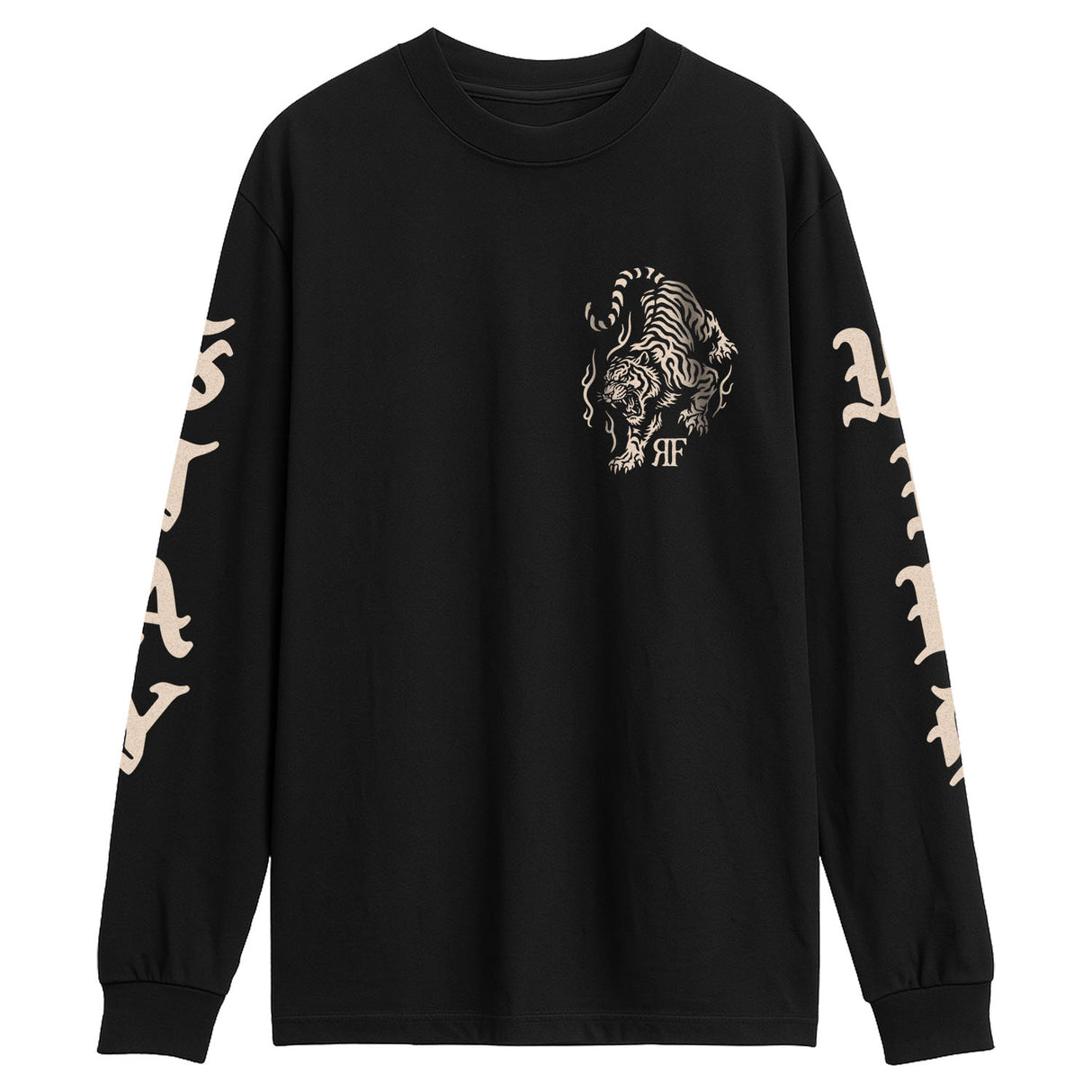 Black long-sleeve shirt with a tiger design and text on a white background