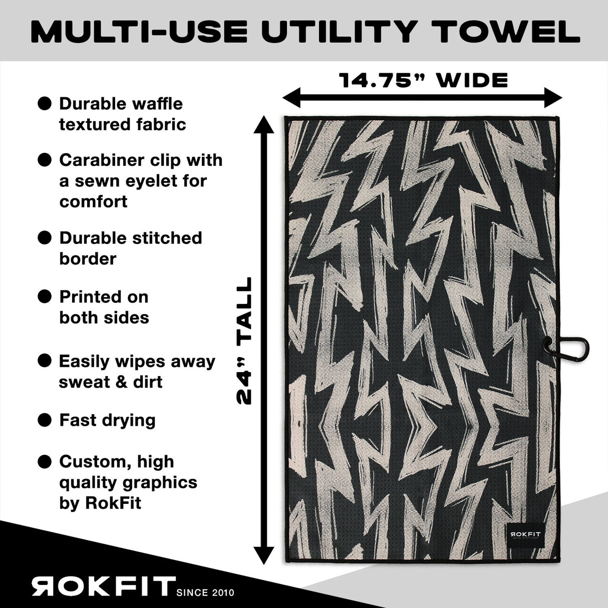 Utility Towel details showing 14.75-inches wide by 24-inches tall with 'Volt' graphic