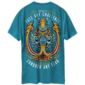 Back view of teal blue unisex Active Tee with 'Face Any Challenge, Conquer Any Fear' graphic