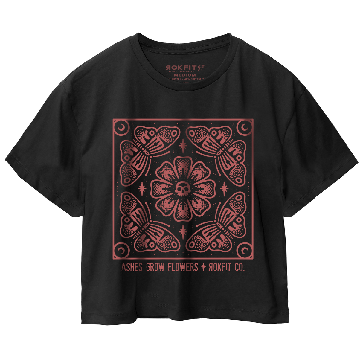 Front view of black women's crop t-shirt with 'Ashes Grow Flowers' graphic