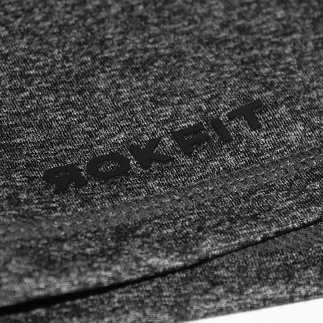 Front view of heather black 2.5-inch booty shorts RokFit logo