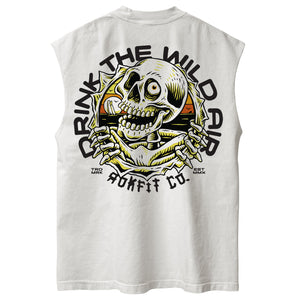 Back view of unisex white sleeveless Street Tee with 'Drink The Wild Air' graphic