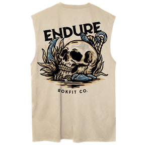 Back view of unisex cream sleeveless Active Tee with 'Endure' graphic