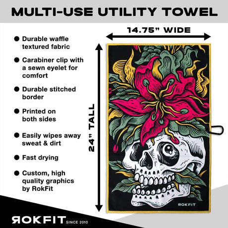 Utility Towel details showing 14.75-inches wide by 24-inches tall with 'Eternal Bloom' graphic