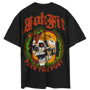Back view of unisex black Street Tee with 'Face The Fury' graphic
