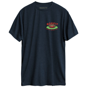 Front view of unisex heather navy Active Tee with 'Journey Beyond Limits' graphic