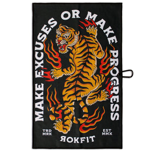 Front view of Utility Towel with 'Make Excuses or Make Progress' graphic
