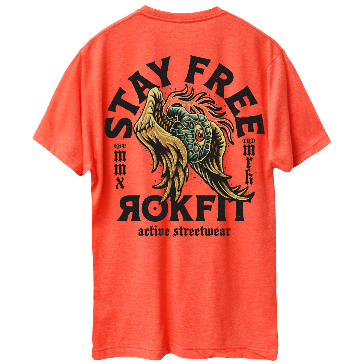 Back view of unisex heather orange Active Tee with 'Stay Free' graphic