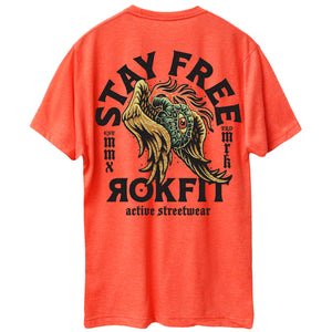 Back view of unisex heather orange Active Tee with 'Stay Free' graphic