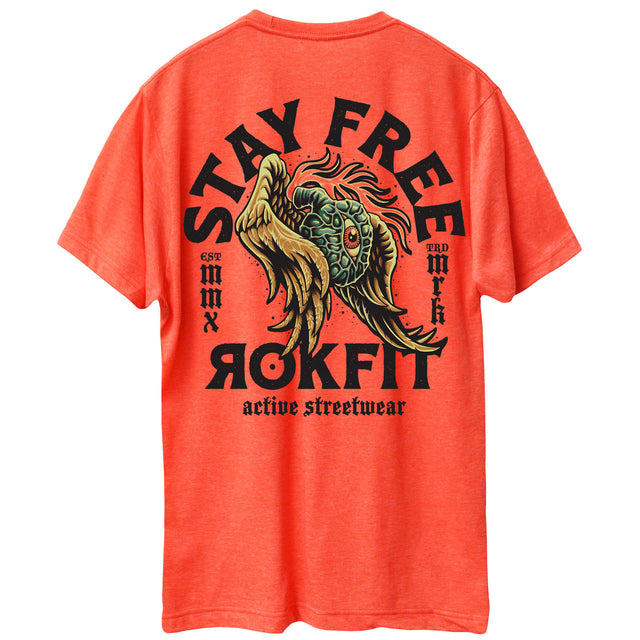 Back view of unisex heather orange Active Tee with 'Stay Free' graphic
