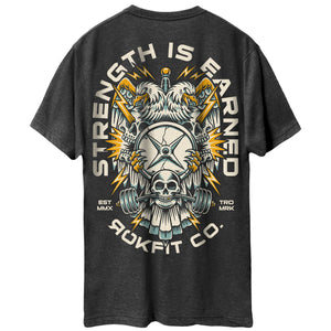 Back view of heather charcoal unisex Active Tee with 'Strength Is Earned' graphic
