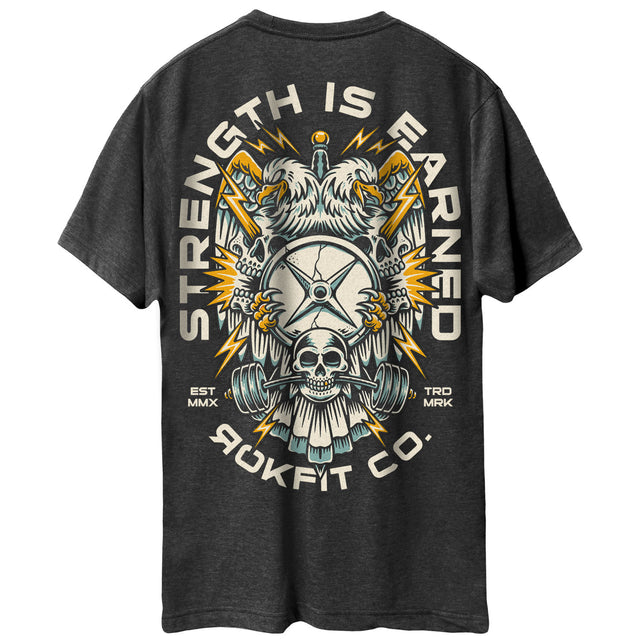 Back view of heather charcoal unisex Active Tee with 'Strength Is Earned' graphic