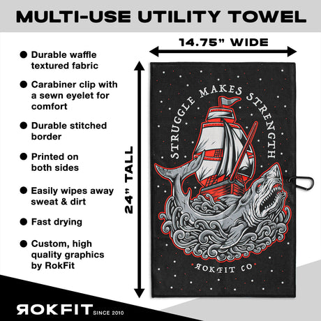 Utility Towel details showing 14.75-inches wide by 24-inches tall with 'Struggle Makes Strength' graphic